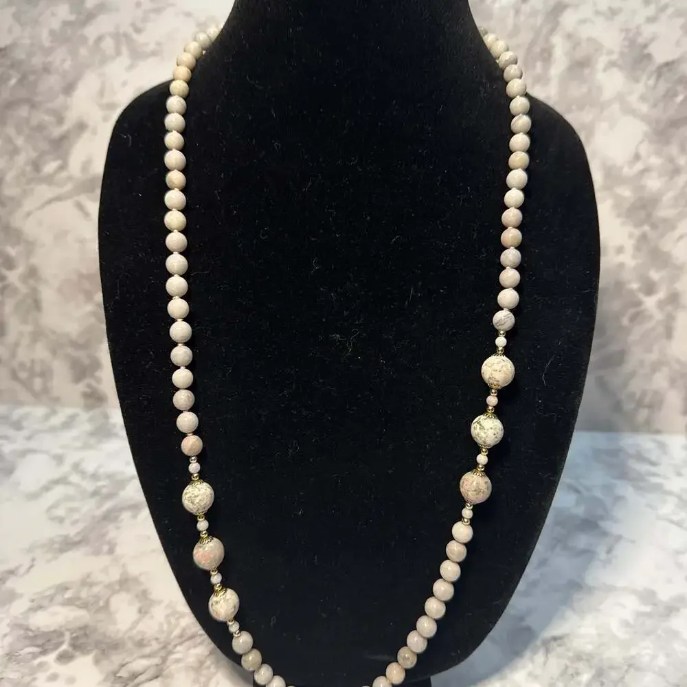 Vintage Jasper and Polished Stone Beaded Necklace with Gold Tone Spacers